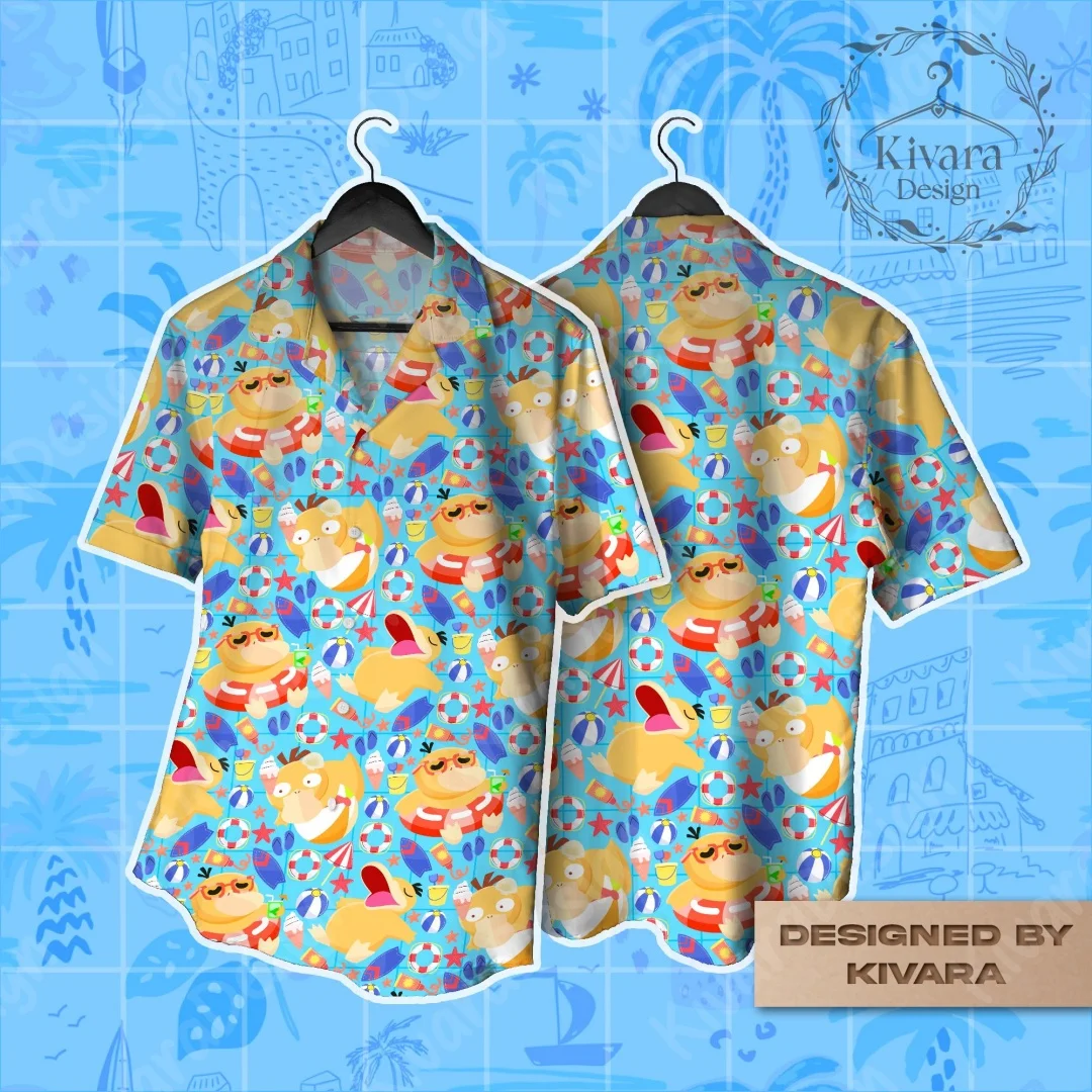 Psyduck Funny Hawaiian Shirt Pokémon Anime Psyduck Button Shirt Summer Leisure Men's T-Shirt Children's Clothing Tee Woman ﻿