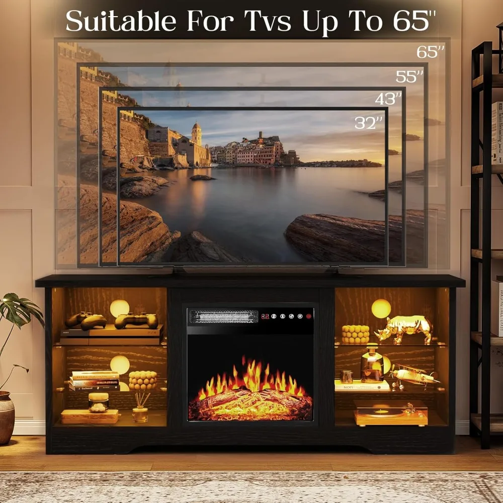 Suporte de TV com lareira elétrica para TVs de 65 polegadas, inserção de 18 polegadas, centro de entretenimento moderno com controle remoto