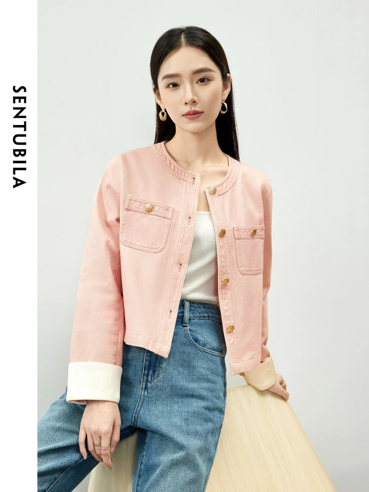 SENTUBILA Washed Cotton 100% Denim Jacket Women 2024 Spring Comfort Outerwear Long Sleeve Round Neck Female Jeans Coat W41W53841