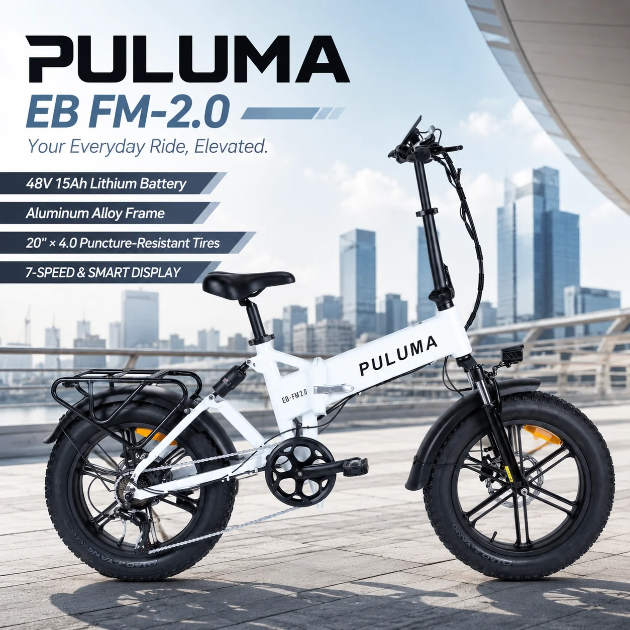 PULUMA EB‑FM2.0 Bicicletta elettrica pieghevole e portatile, telaio in lega di alluminio, batteria rimovibile da 48V 15Ah, motore nel mozzo posteriore, display LCD, e-bike per tutti i terreni, ideale