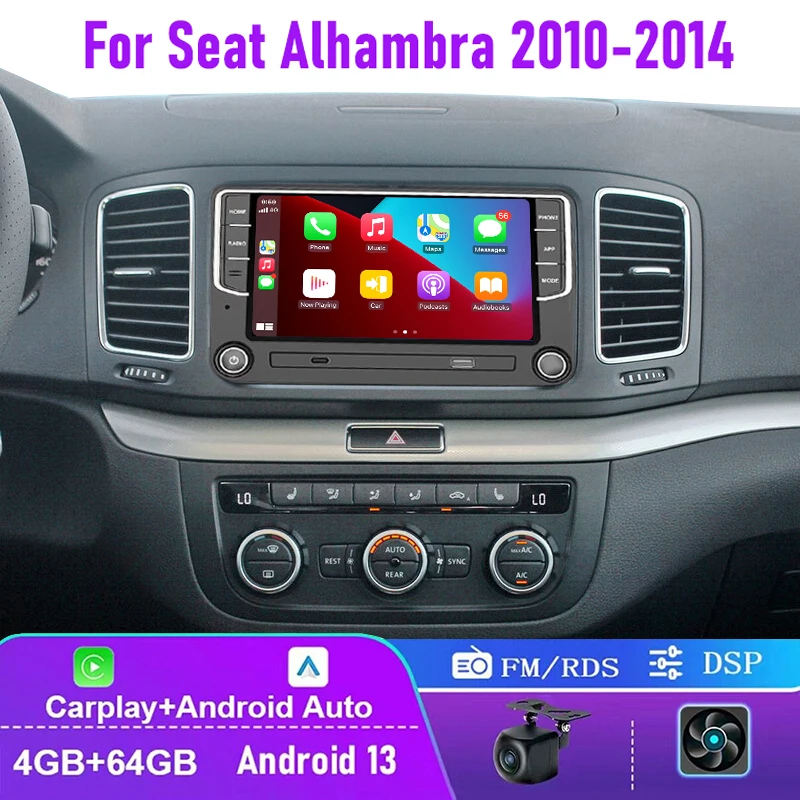 

7'' 4+64GB For Seat Alhambra 2010-2014 Car Radio Wireless CarPlay Android 13 Auto Head Unit BT GPS Steering Wheel Control