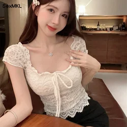 Women Sexy Lace Blouses Summer 2024 Vintage Short Sleeve Blusas Bow Slim Korean Style Y2k Clothes See Through Ladies Tops White