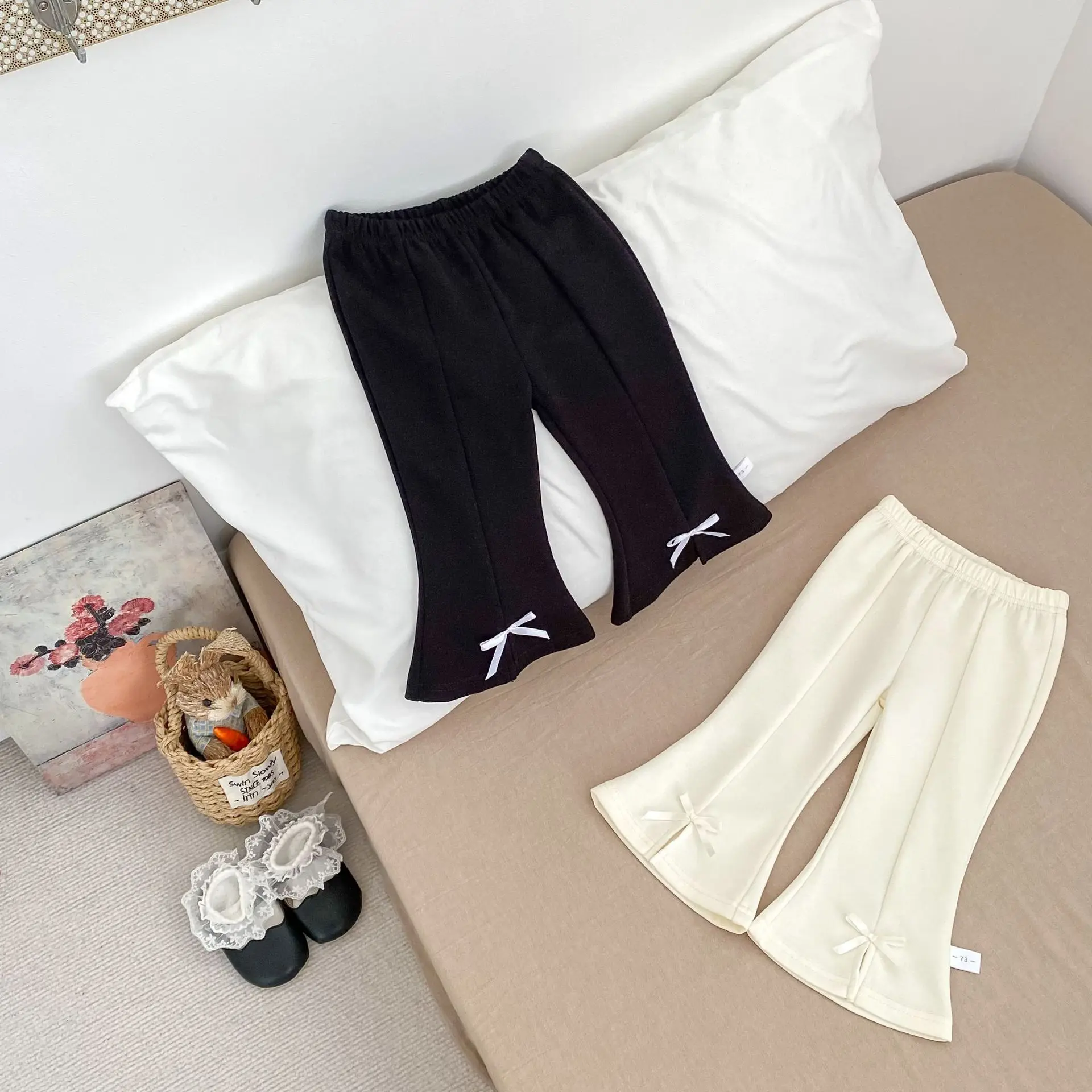 Girls Versatile Bow Flared Pants Cotton Baby Girl Casual Pants Kids Clothes 2025 Autumn New Children Trousers Solid