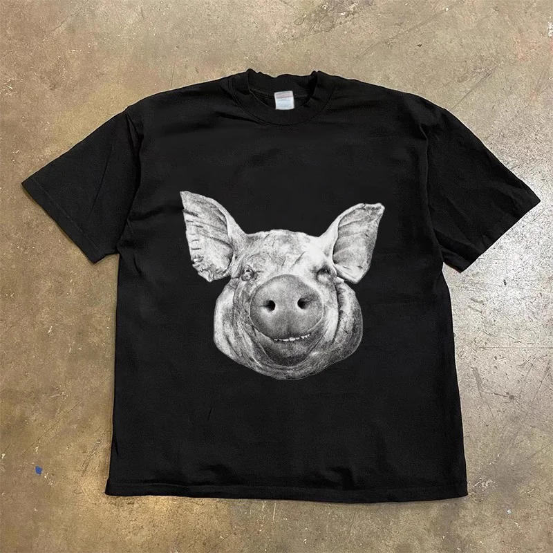 

Y2K American T-shirt, fashionable loose versatile, retro, creative, pig pattern printed short sleeved T-shirt for men and women