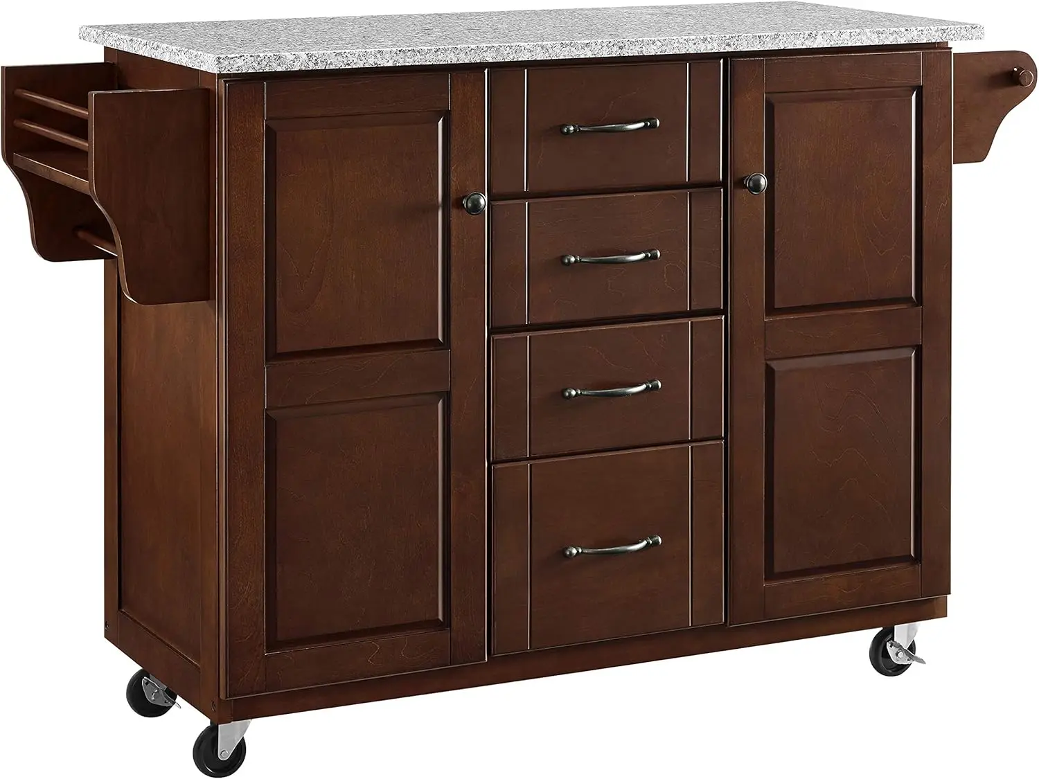 Eleanor Granite Top Rolling Cart Kitchen Island Spice Rack, Storage Drawers And Shelves, Mahogany