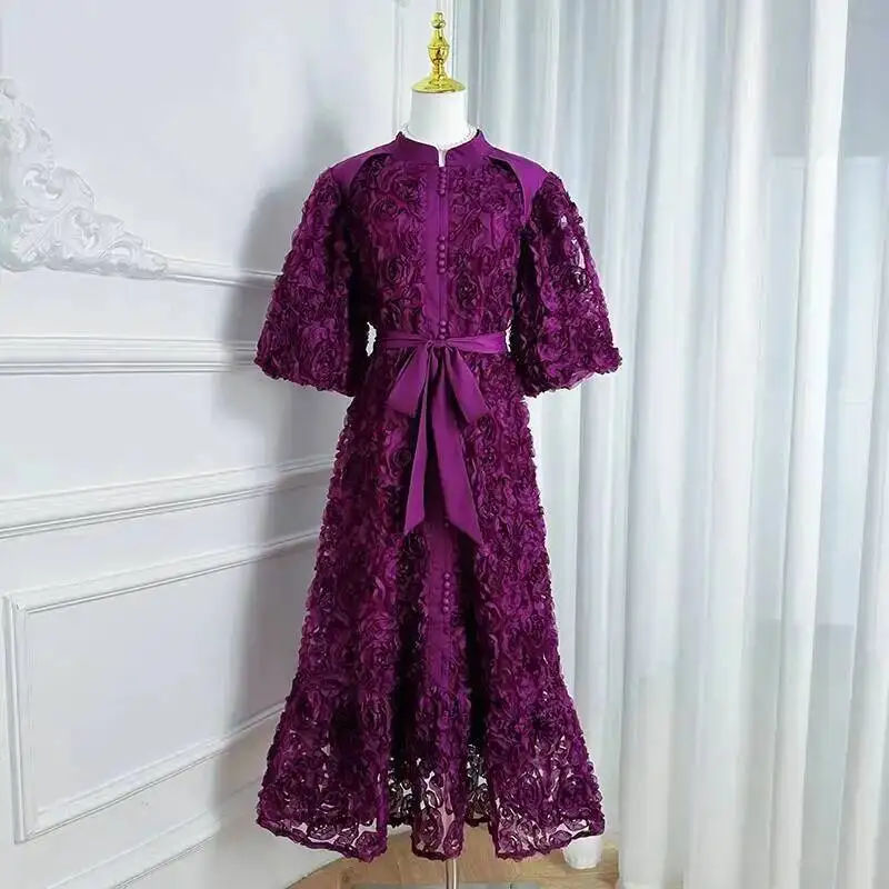 Luxe 3D Bloem Prom Formele Jurk Vrouwen Zomer Herfst Losse Big Size A-lijn Geplooide Single Breasted Midi Lange Feestjurken