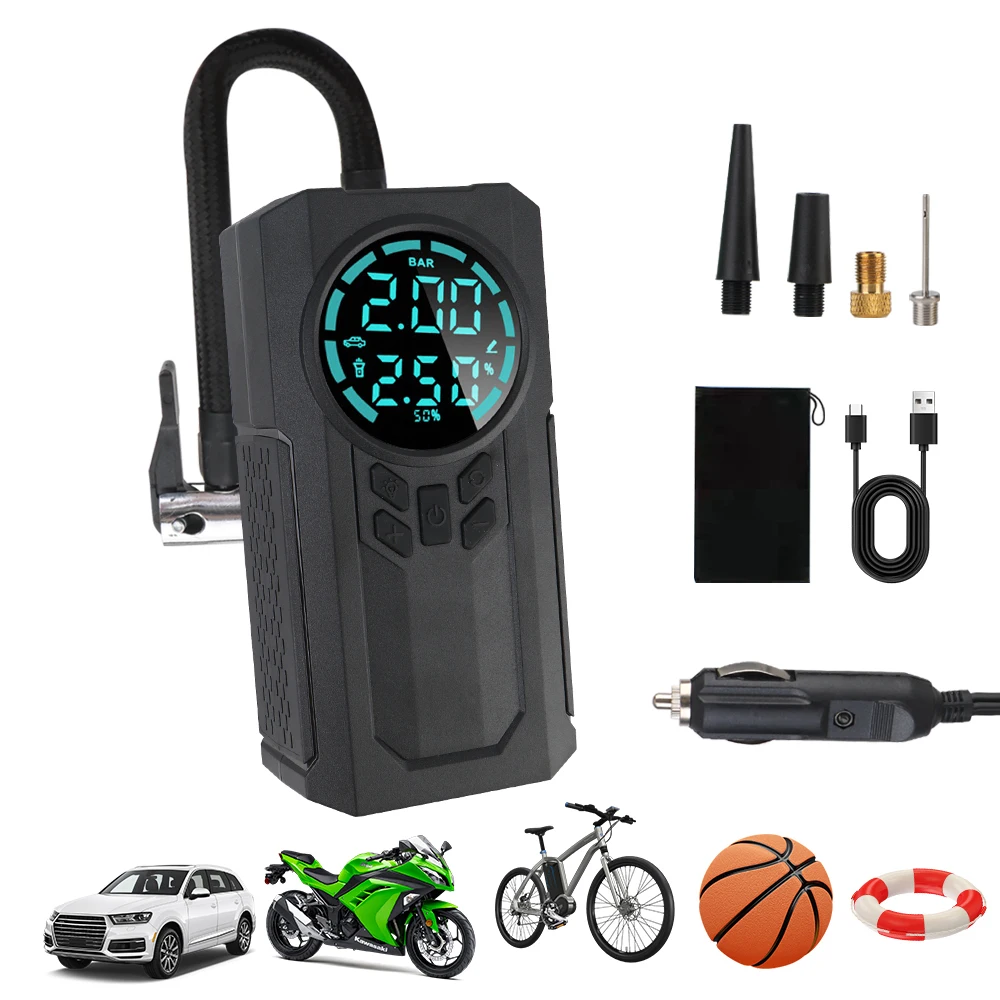 With LED Light LCD Display Portable Inflator 150PSI 60W Digital for Car Motorcycle Bicycle Ball Tire Air Pump Air Compressor