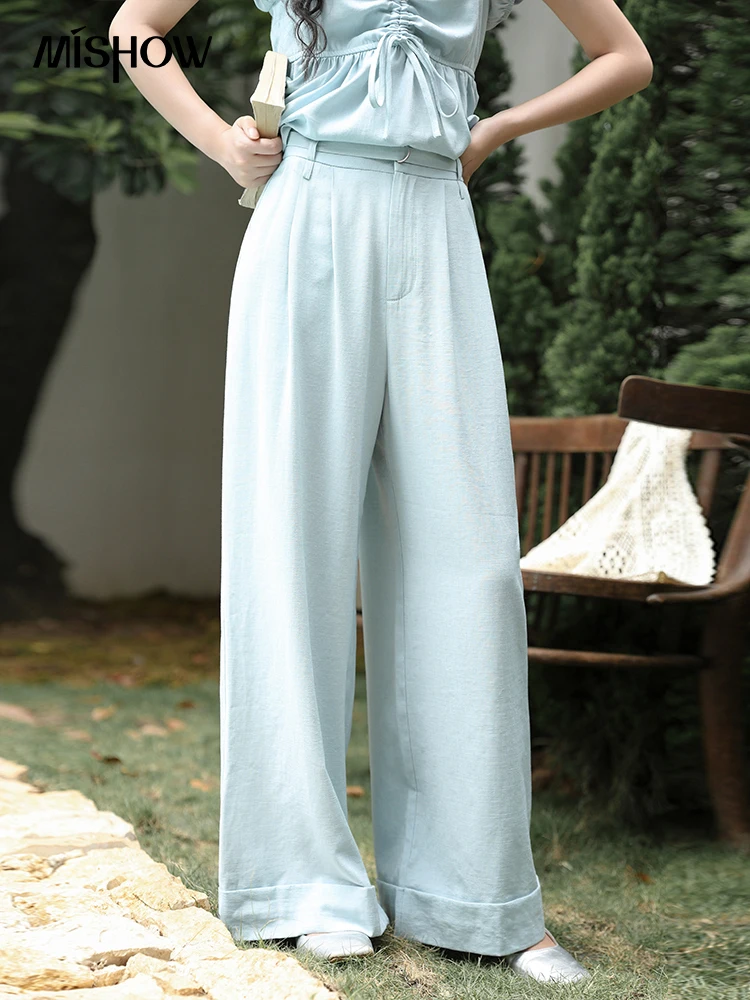 

MISHOW Blue Loose Wide Leg Pants 2024 Summer French Temperament Zipper Solid Commuting Trousers Folded Hem Pants MXD26K0695