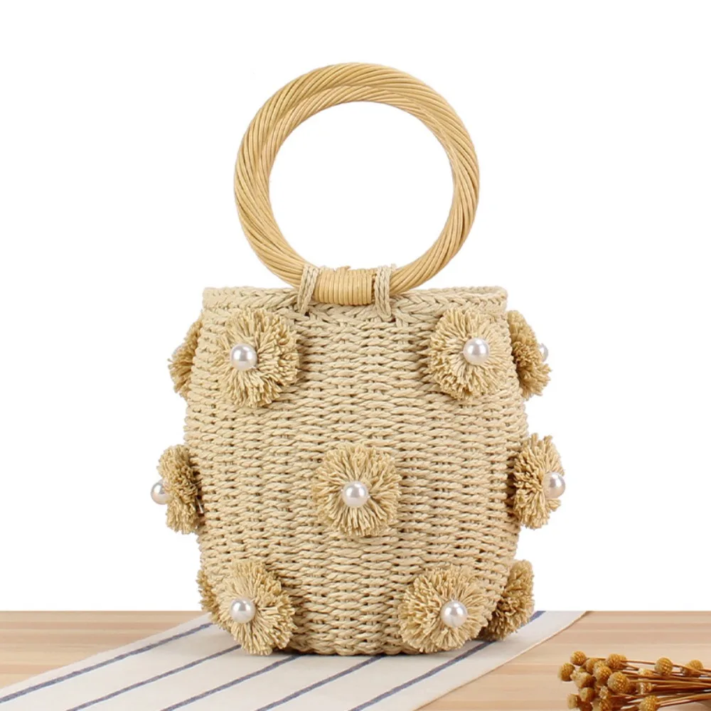 Flower Pearls Handmade Woven Bag Stylish Picnic Basket Large Capacity Handbag Round Trendy Bucket Bag Summer