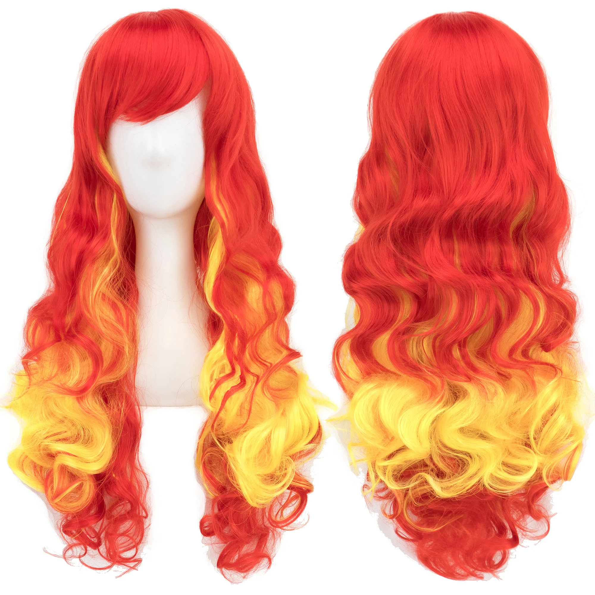 Soowee Synthetic Hair Red Yellow Red Ombre Color Hair Cosplay Wigs with Bangs Halloween Costume Wig for Women