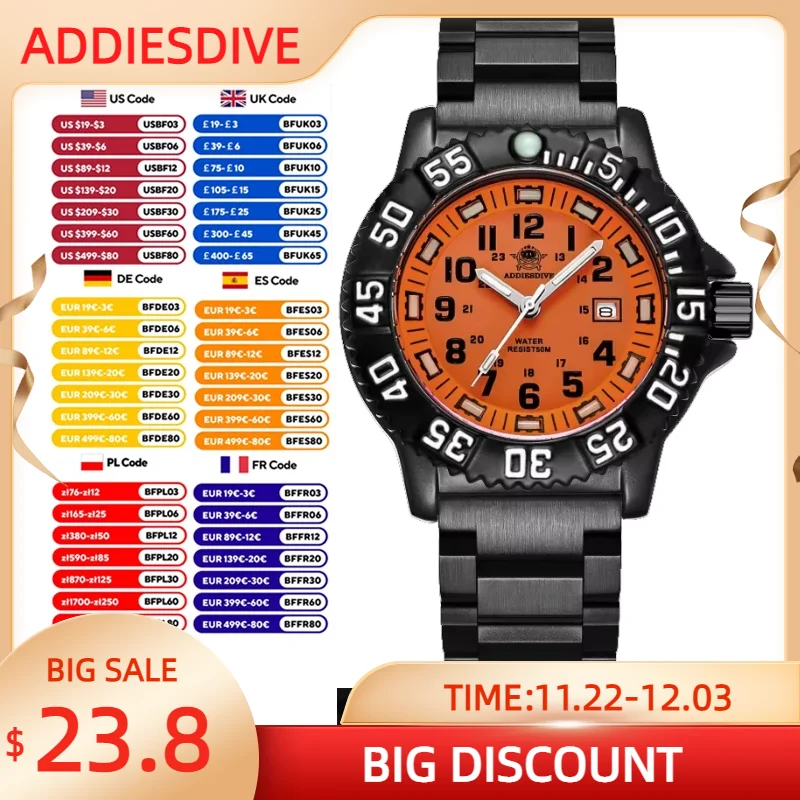 ADDIESDIVE Fashion Diving Men's Watch Orange Dial Steel Strap Quartz watches Alloy Case Tube Luminous 50m Waterproof Wristwatch