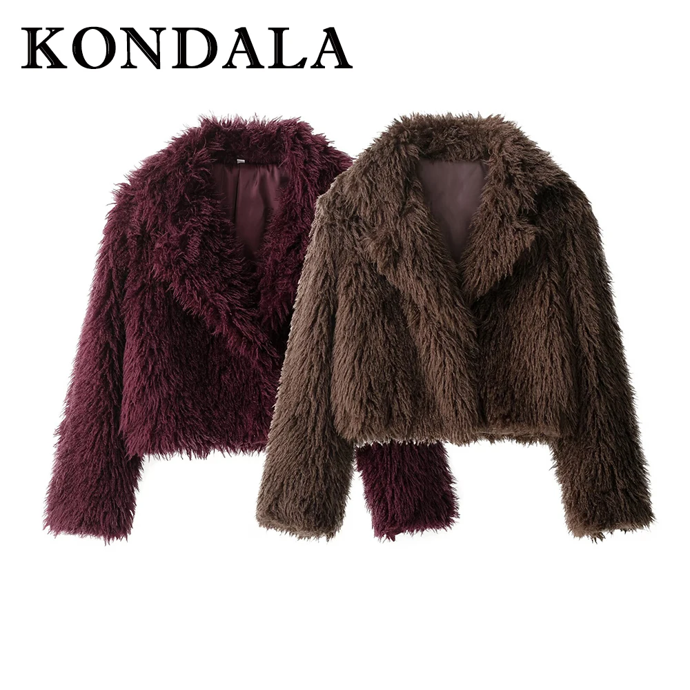 

KONDALA Chic 2025 Autumn Vintage Solid Women Faux Fur Short Jackets Luxurious Streetwear Coats Turn-down Collar Female Outwear
