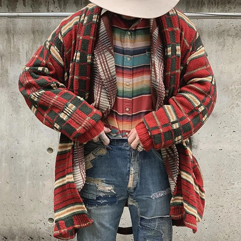 

Autumn and winter men's luxury fashion plaid knit long sleeved cardigan long loose oversized sweater jacket men's trendy top