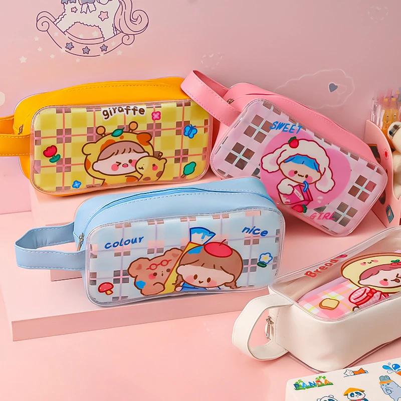 Cute Sweetheart PVC Handheld Pen Case Storage Stationery Bag Simple Pencil Box Transparent Large Capacity Pencil Case Kids Gift