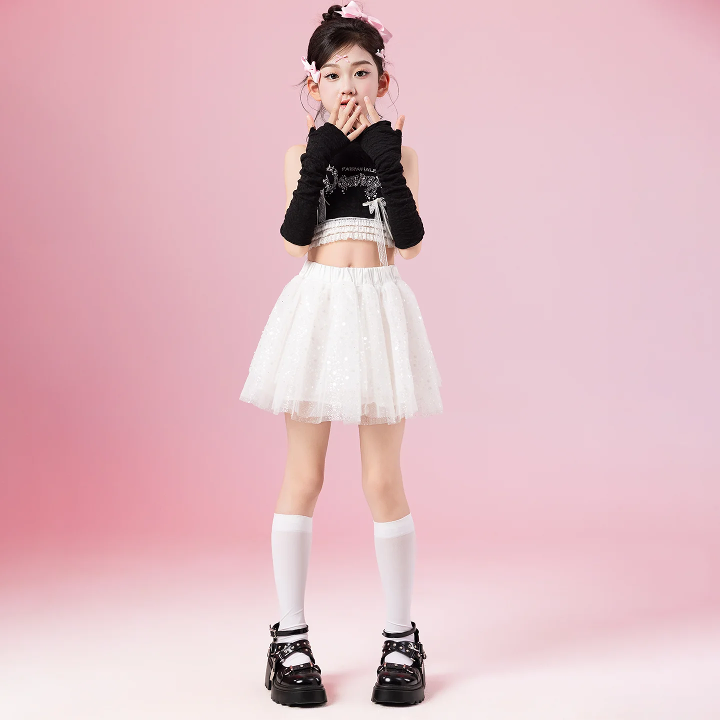 2025 sommer Jazz Dance Kleidung Mädchen Schwarz Tops Pailletten Weiß Rock Cheerleader Tanz Kostüm Kpop Straße Tragen Bühne Outfit BL16073