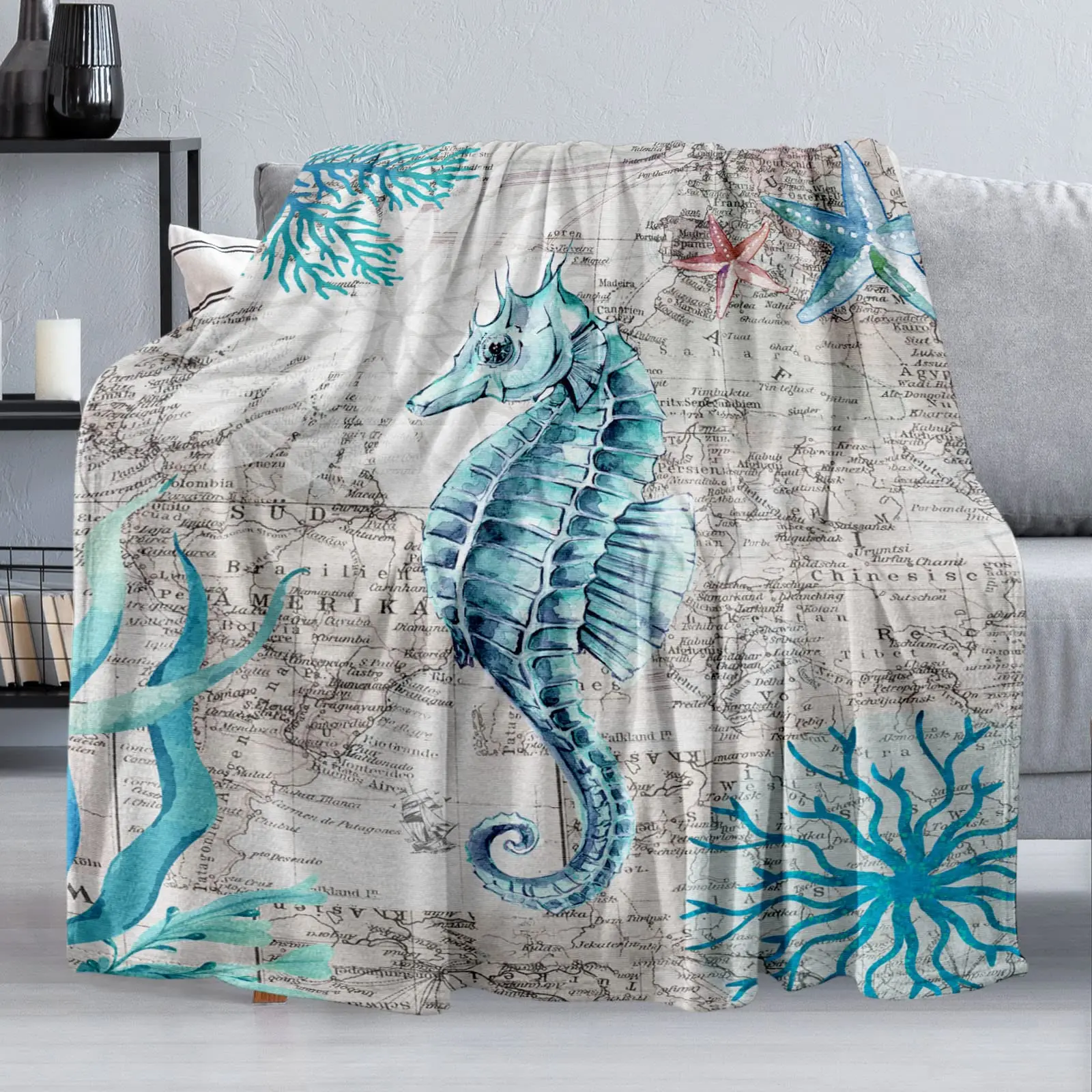 Sea Horse Blanket Cozy Soft Retro Sea Ocean Style Throw Blanket for Sofa Chair Bed Office Home Decorative and Gifts for Adults