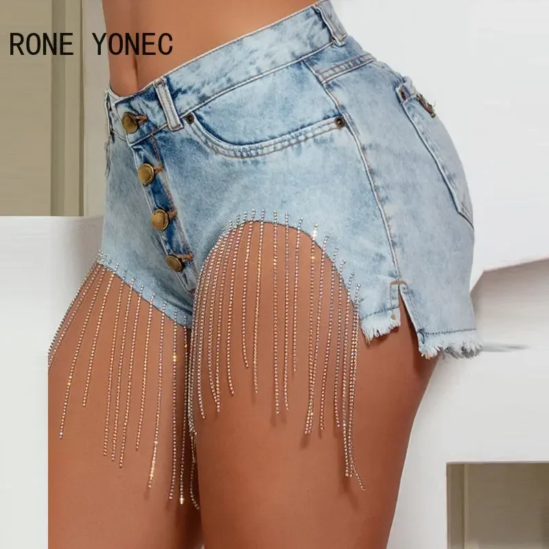 2023 Women Chic Casual Hot Chick Asymmetrical Skinny Rhinestone Tassels Super Short Denim Jeans