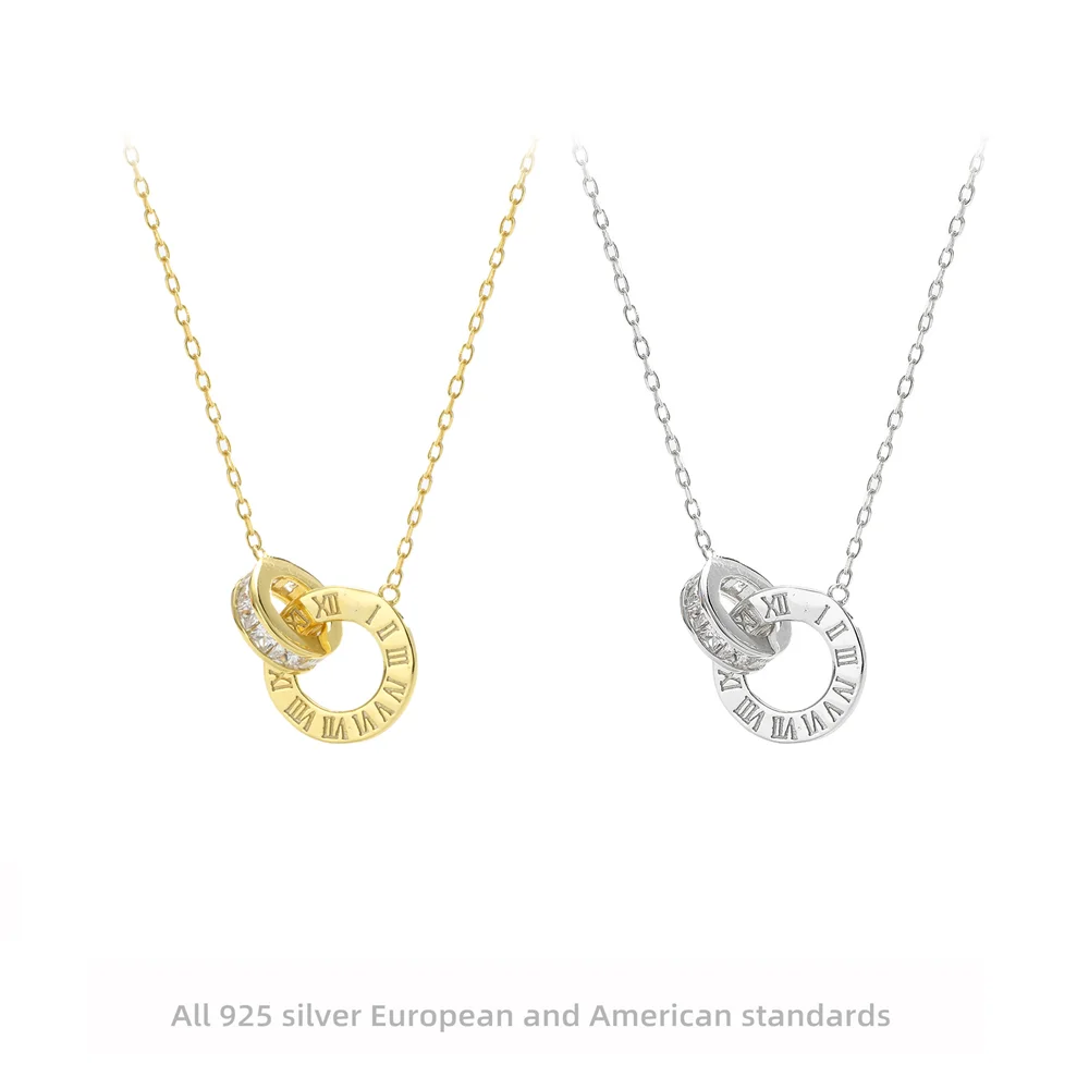

Korean 925 Sterling Silver Double-Loop Stone Necklace, INS Light Luxury Niche Collarbone Chain for Women