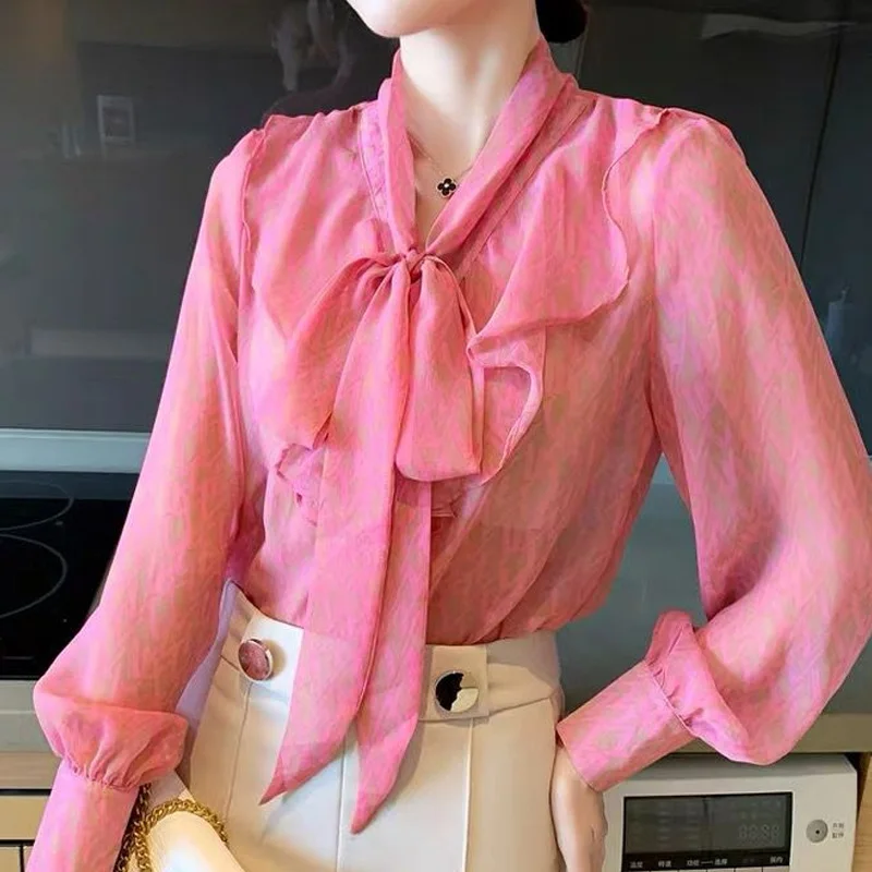 2024 New Elegant Long Sleeve Office Lady Shirts Ladies Solid Color Temperament Blouses Summer Loose Chiffon Women\'s Clothing