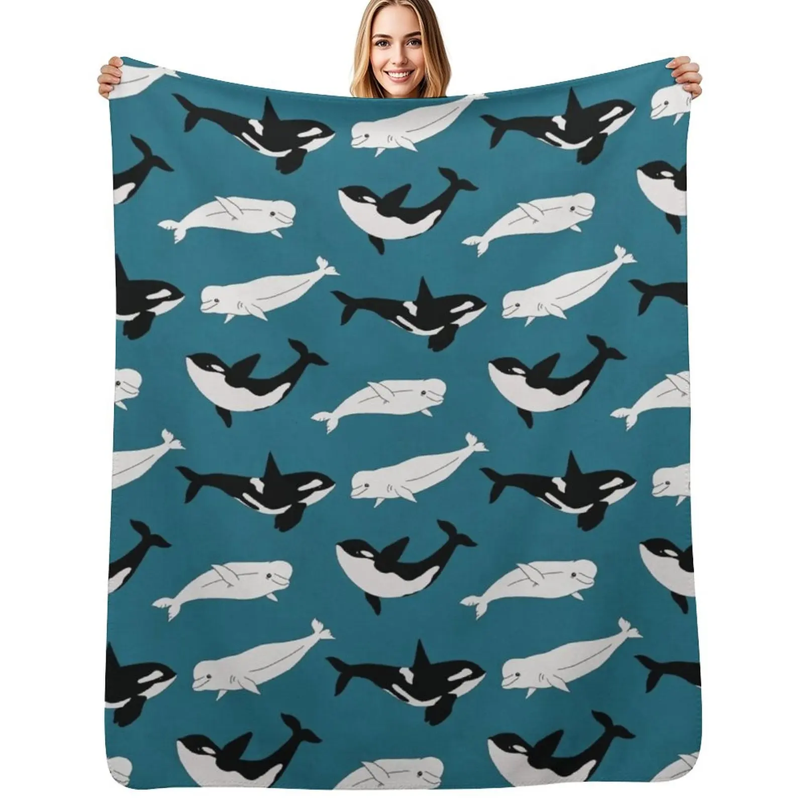 

Belugas & Orcas on Teal Throw Blanket Luxurious Soft Fuzzy Blanket for Sofa Bed