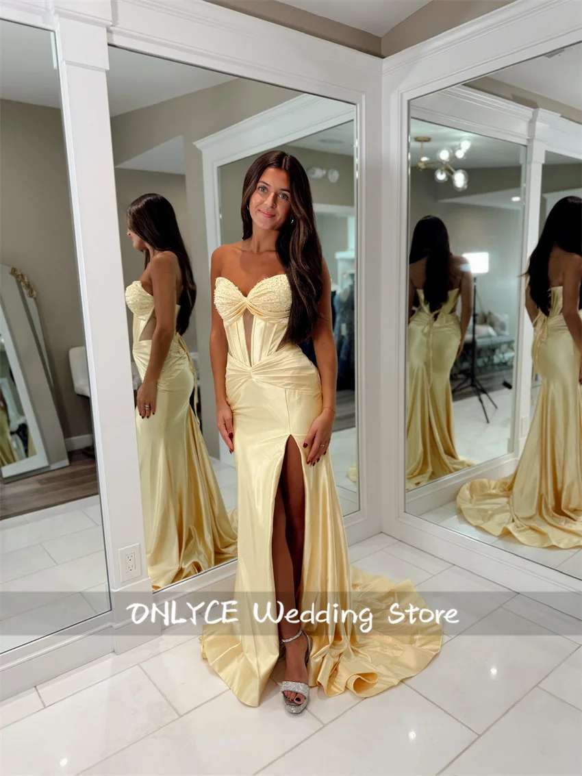 

Sexy Yellow Evening Party Dress Sweetheart Split Pleats Satin Mermaid Long Prom Formal Gowns Banquet Robe De Soiree