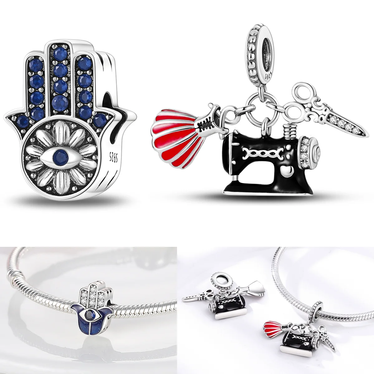 

925 Sterling Silver Evil Eye Guardian Palm Charms Bead CZ Zircon Costume Design Dangle Fit Original Bracelet DIY Women Jewelry