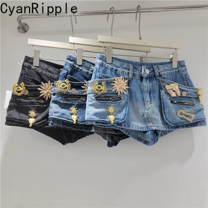 American Retro Washed Spice Girls Low Waist Culottes Zip Pockets Cargo Denim Shorts Metal Buckle Decoration Women Shorts Skirts