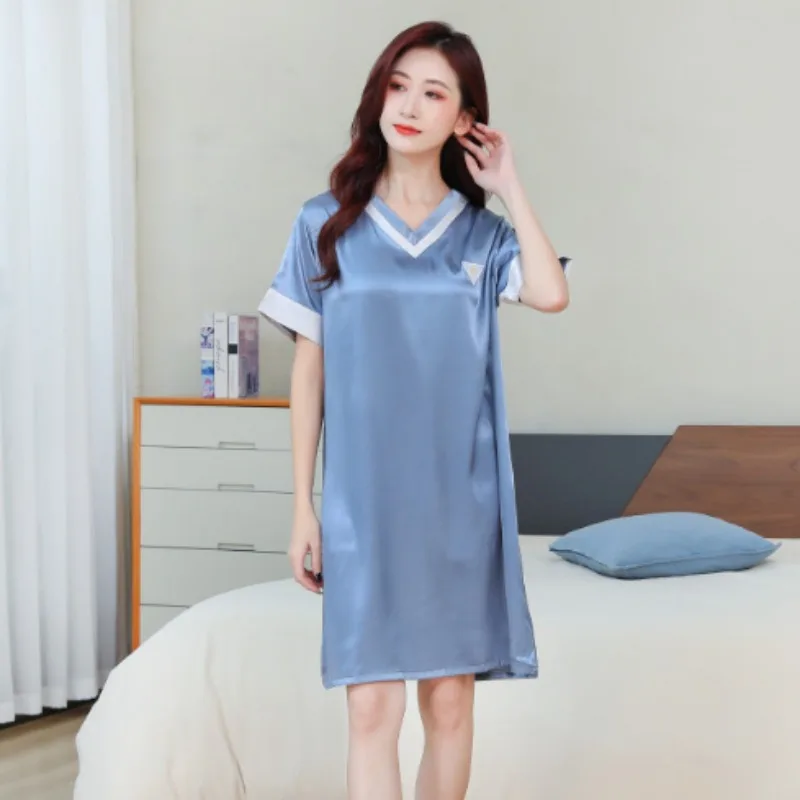 Summer Ladies Printed Silk Nightgowns Ladies Nightwear Homewear New Ladies Comfortable Casual Sexy Nightgowns Wearable Skirt