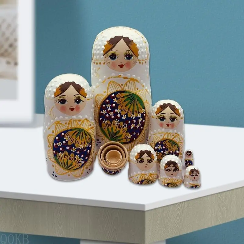 Q0KB Matryoshka Búp bê làm tổ của Nga gồm 7 bức tượng gỗ thủ công Decors Craft Craft để trưng bày búp bê