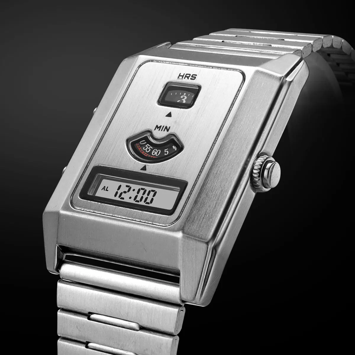 ساعة يد كوارتز إلكترونية مزدوجة الحركة للرجال ثلاثية العرض بإضاءة خلفية ومنبه للجنسين مع حزام من الفولاذ المقاوم للصدأ #1