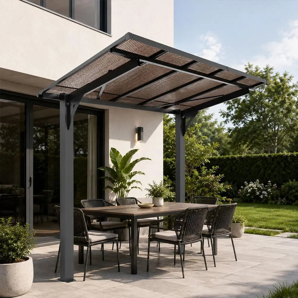 8x5 FT Patio Gazebo, Lean to Shelter with Sloped Polycarbonate Roof & Steel Frame, Weather Resistant Backyard Canopy, Customized