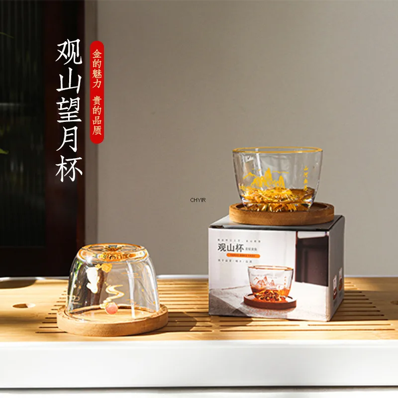 

National Trend Three-dimensional Relief Mountain and Moon Transparent Glass Cup Tea Cup with Bamboo Wooden Base Kung Fu Tea Cup
