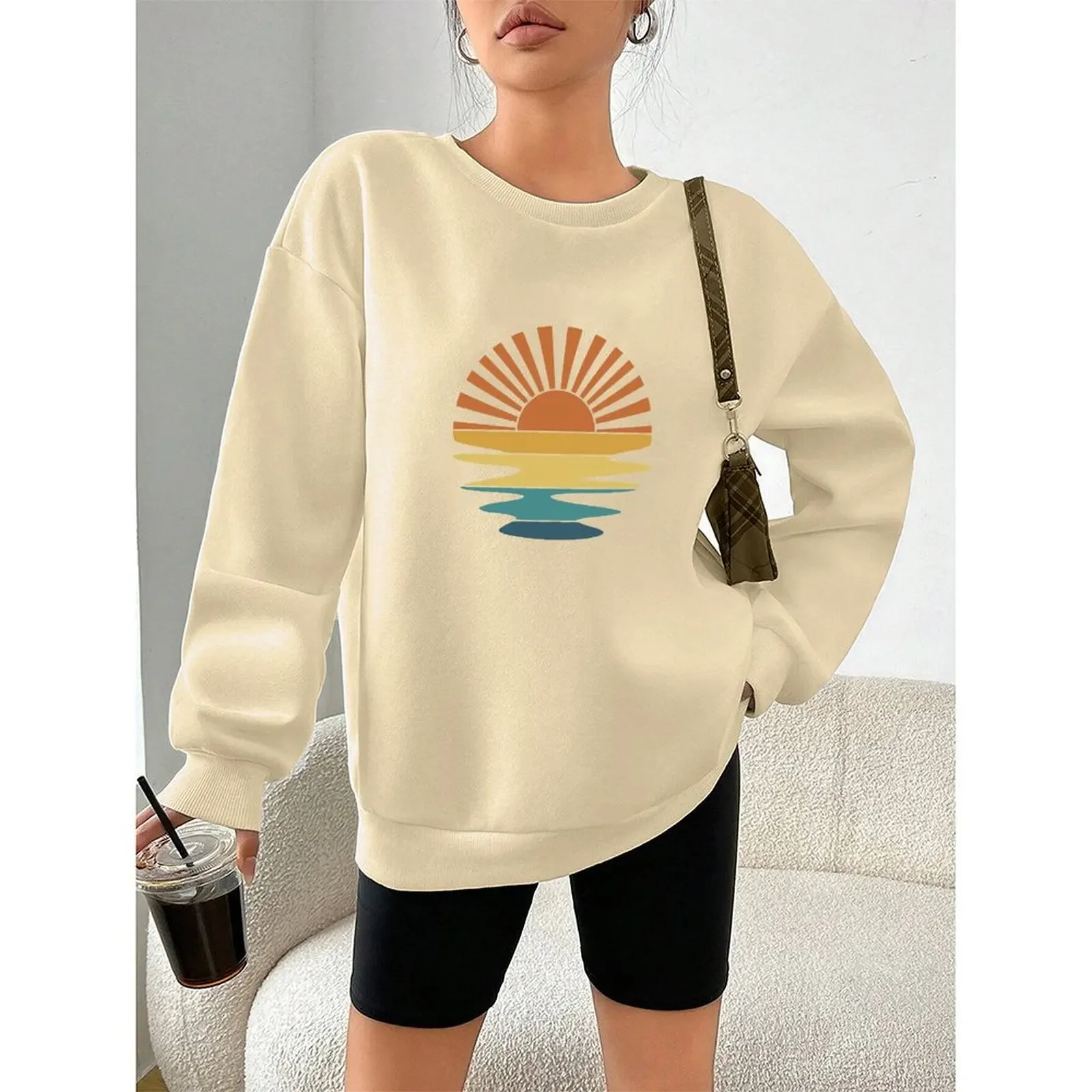 2025 Fashion O-Neck Pullovers Woman Round Neck Long-sleeve Velvet Winter Casual Positive Sunrise Scenery Print Sweatshirt