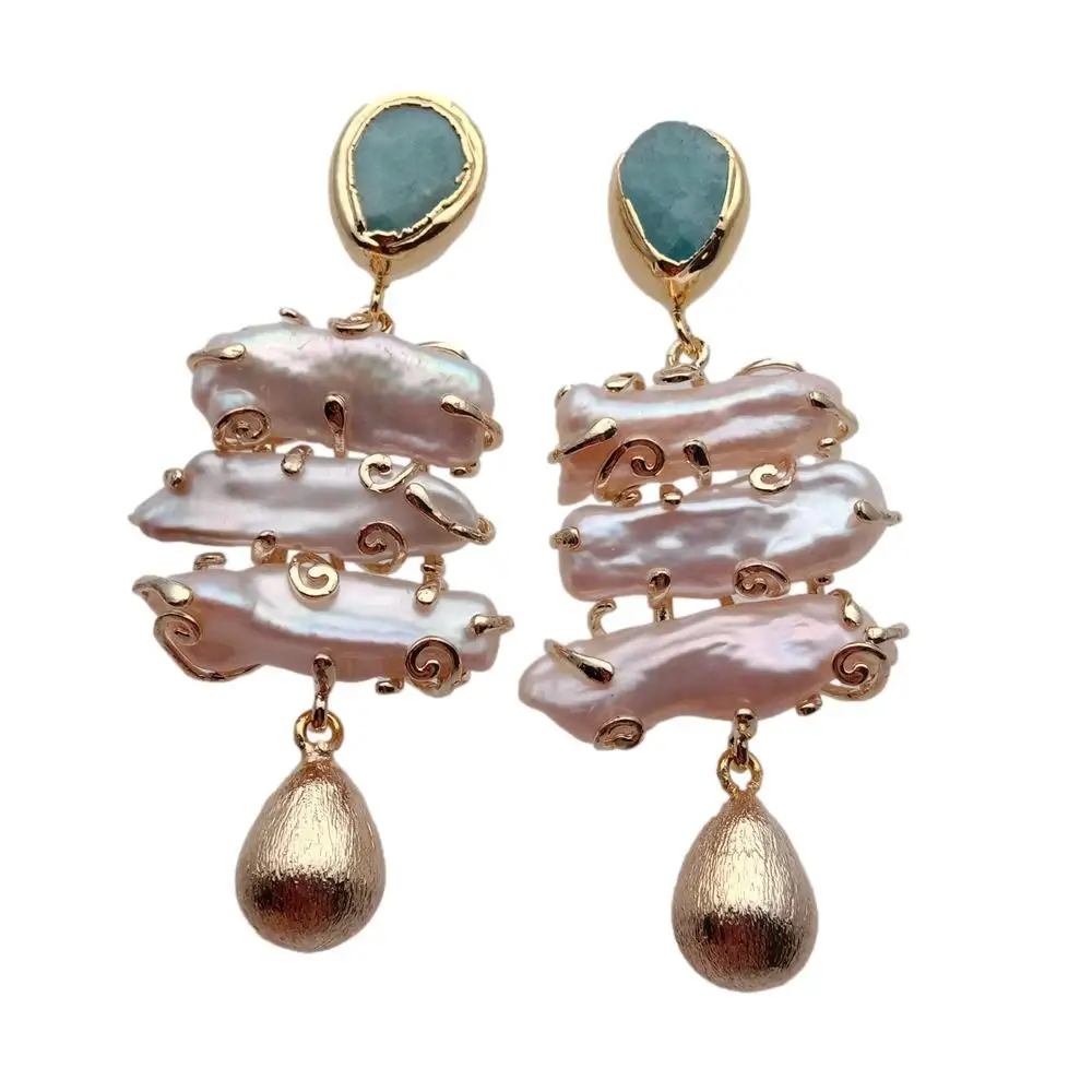 YYGEM Woman Earrings Freshwater 32x31mm Pink Biwa Pearl Green Amazonite Stud Earrings Fashion Jewelry Gift