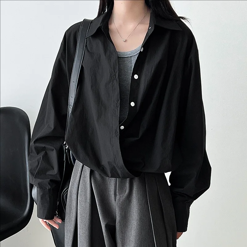 

Осенняя одежда, новинка 2025 года, повседневная хлопковая свободная рубашка с v-образным вырезом и длинными рукавами для женщин