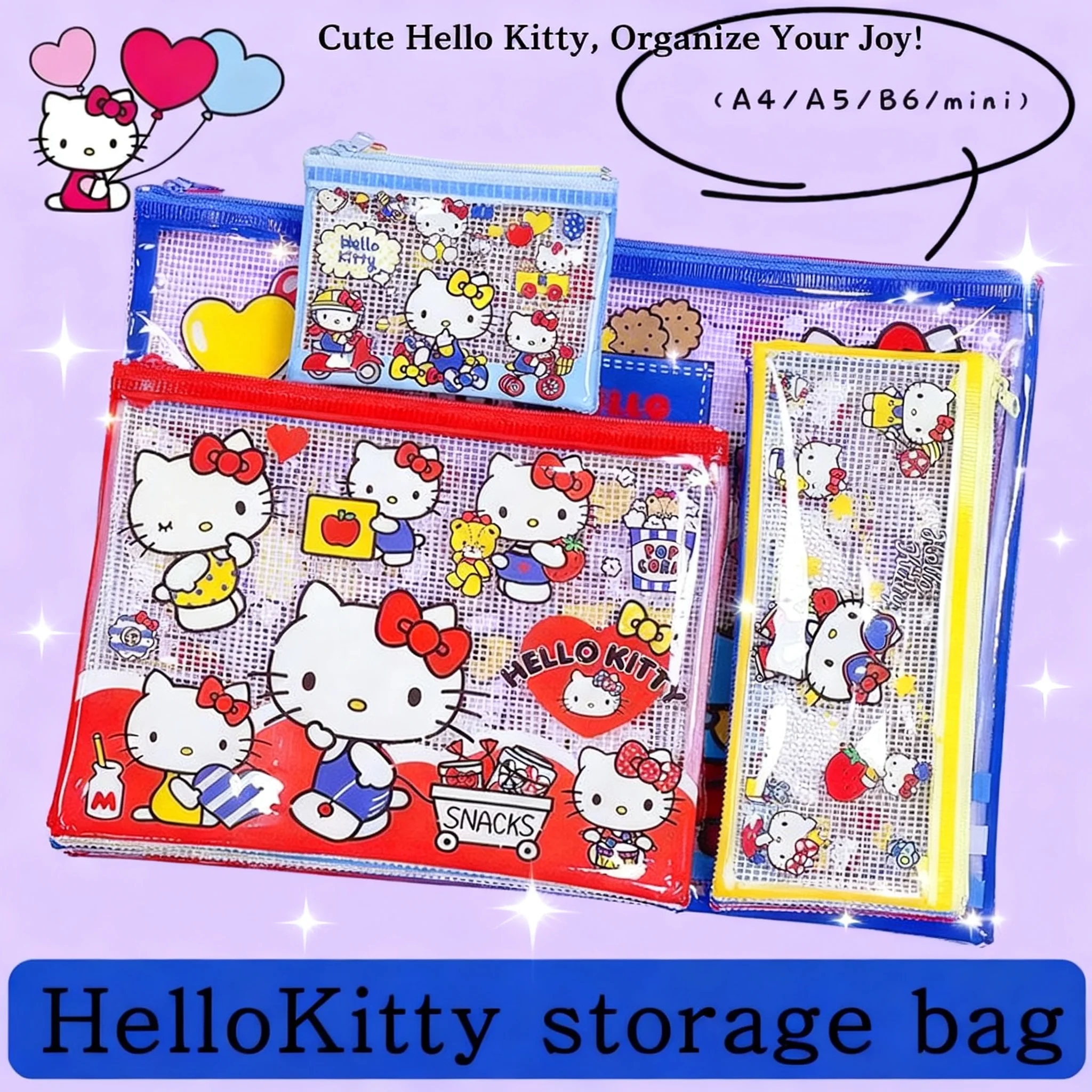 

HelloKitty Cartoon PVC Waterproof Pencil Case 4pcs Multi Purpose Storage Bag Stationery Bag School Supplies Cute Gift for Girls