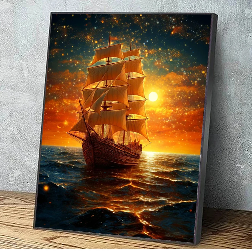 Landscape Ship Sailing Sea DIY Diamond Painting Gold Boat Cross Stitch 5D Full Diamond Embroidery Mosaic Home Decor Handmade Art