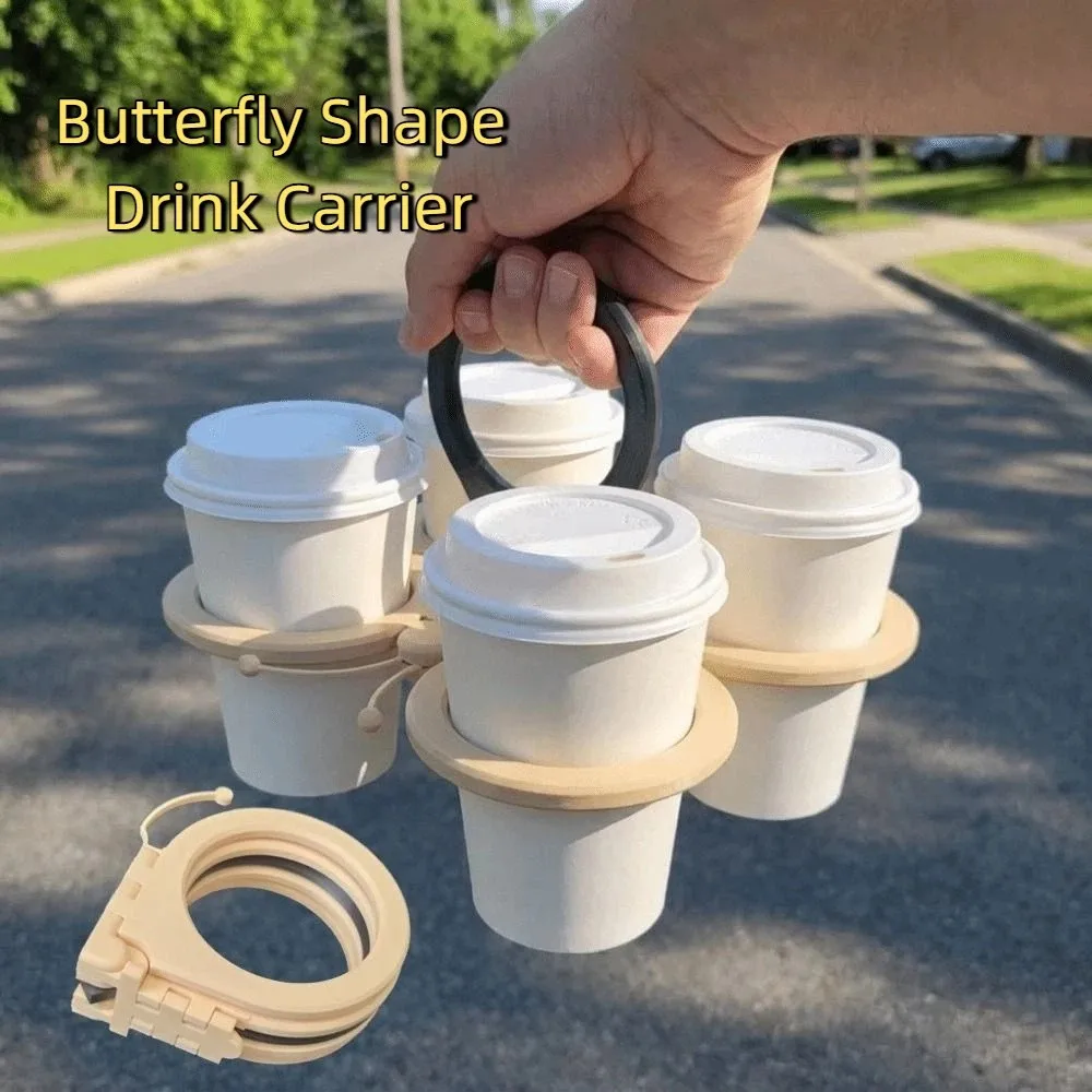 Plastic Butterfly Shape Drink Carrier Folding Reusable Folding Cup Holder with Handle Anti Scalding 4-cup Coffee Carrier