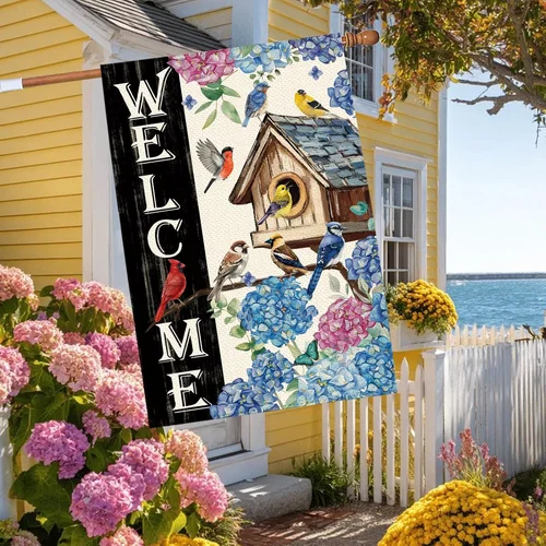 Spring Summer Birds Hydrangeas Welcome House Flag 28 X 40 Inch Double Sided, Col 7445017814890 AAV hhz