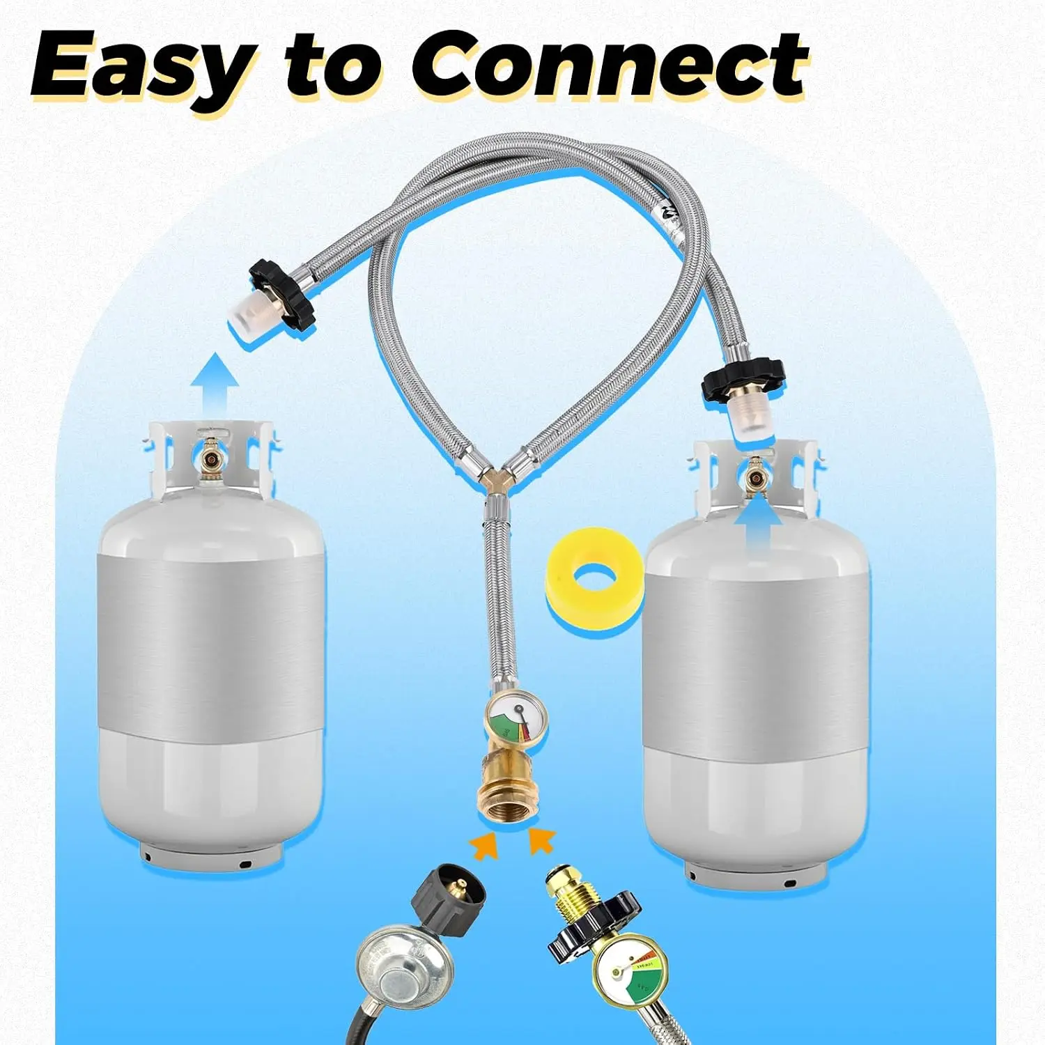 Dual Propane Tank Connection Kit Two Way POL & QCC Stainless Steel Propane Hose with Splitter To Connect 5-100lbs Cylinder Tank