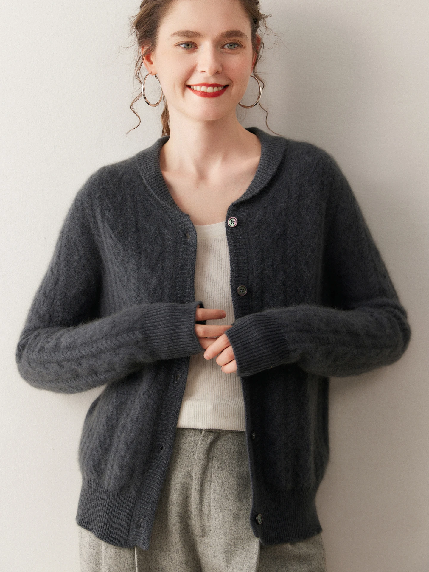 Women's 100% Cashmere Cardigan Green Apple Collar Knitted Loose Versatile Outerwear Slimming Outerwear Sweater
