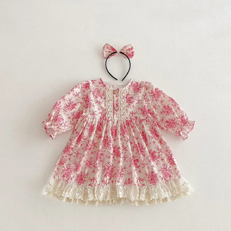 

Детское осеннее платье для девочек с цветочным узором, длинным рукавом, на бретельках, для малышек, в стиле принцессы, милое тематическое платье