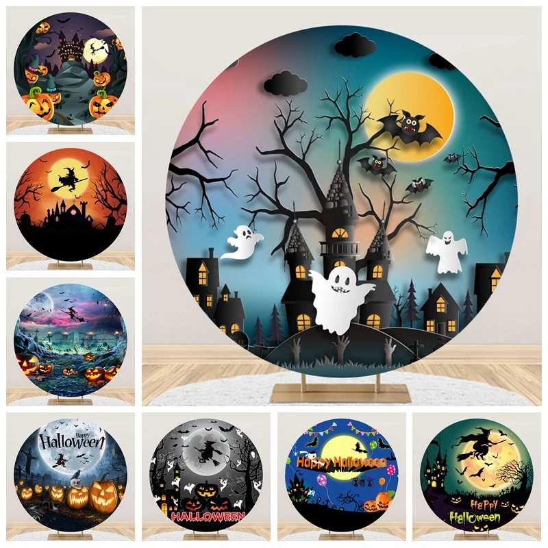 Halloween Backdrop Round Cover Moon Forest Witch Pumpkin Lamps Grave Baby Photo Photography Background Circle With Elastic Props