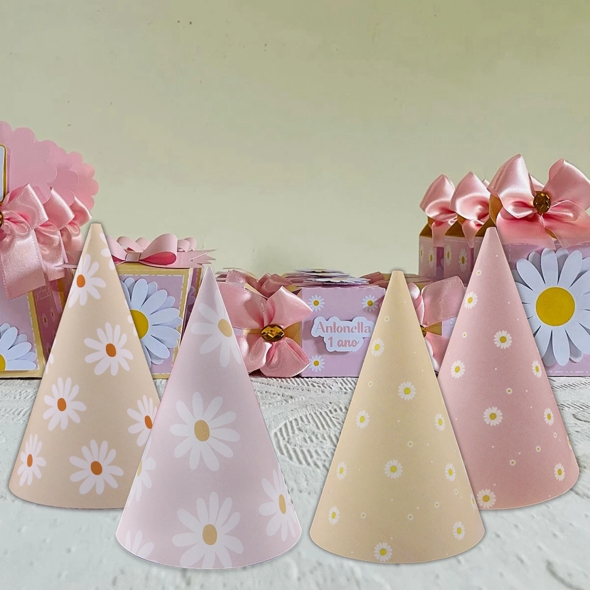 6pcs Pink Daisy Flower Paper Hats Multi Party Hat For Baby Shower Kids Daisy Birthday Wedding Party Decorations DIY Gifts Supply