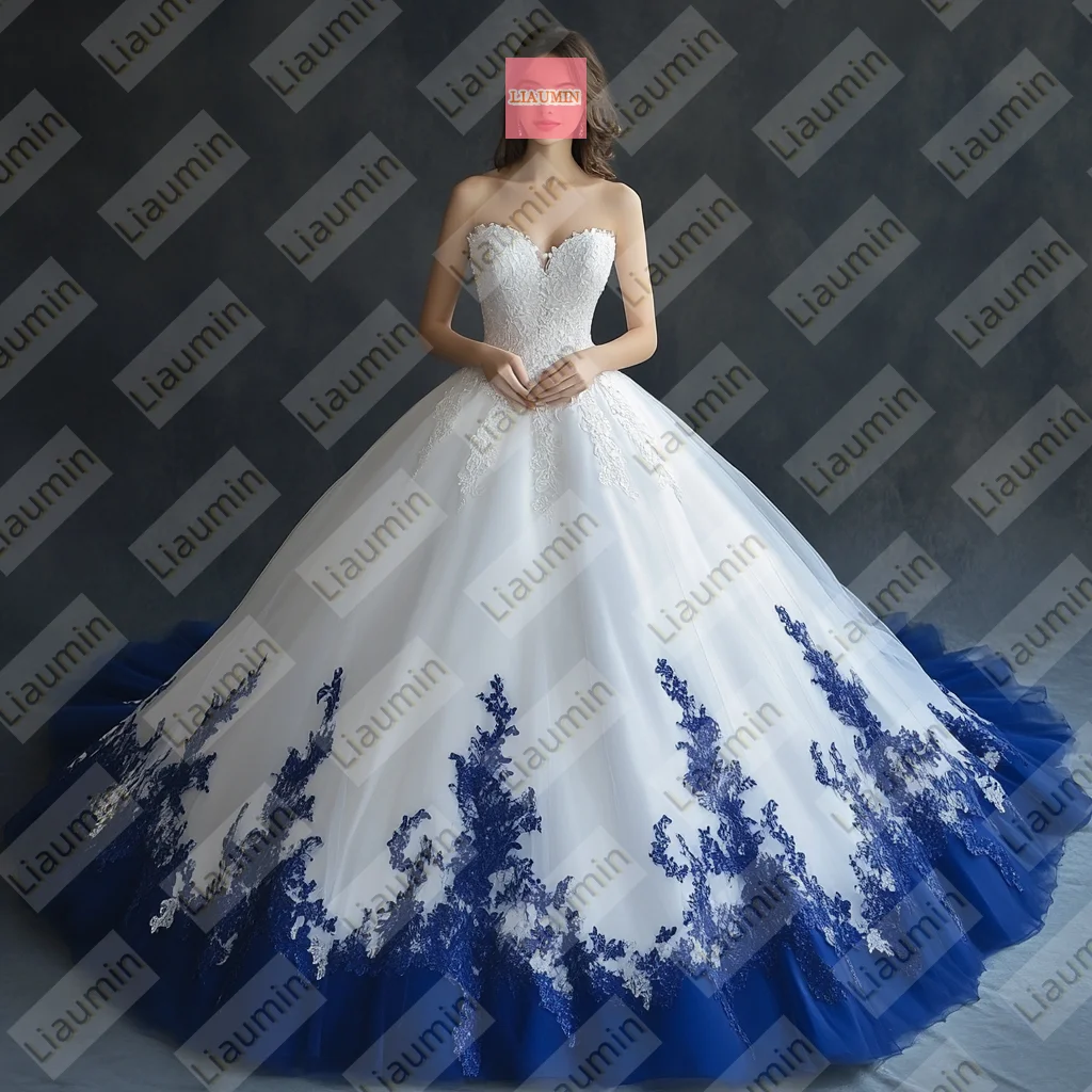 blue dress for baby girl Strapless White Lace Blue Tulle Destination Wedding Gown, Two-Tone