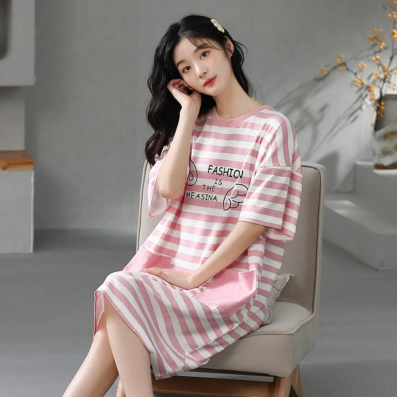 Women Nightgowns Knitted Cotton Sleepwear Big Size S-5XL Sleep Dress Nighttie Striped Sleepshirts Nightwear Ladies Dress Home