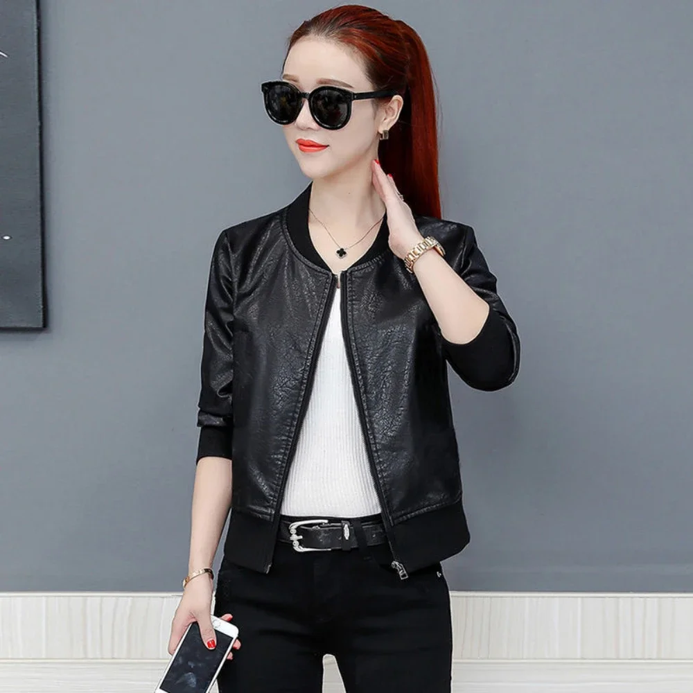 Short Baseball Aviator Coat Woman Spring Autumn PU Leather Bomber Jacket for Women Harajuku High Quality Long Sleeve Casual Chic