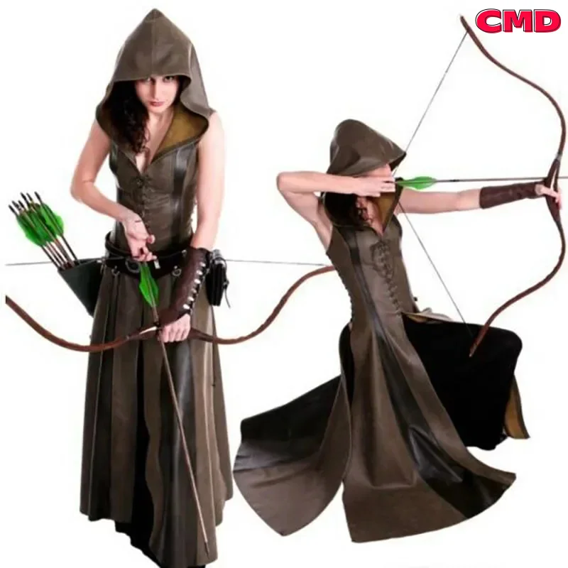 COS Medieval Archer Ranger Elf Halloween Hobbit Costume Women Assassin Jerkin Cosplay Bodice Dress Leather Hood Robe Cloak For A