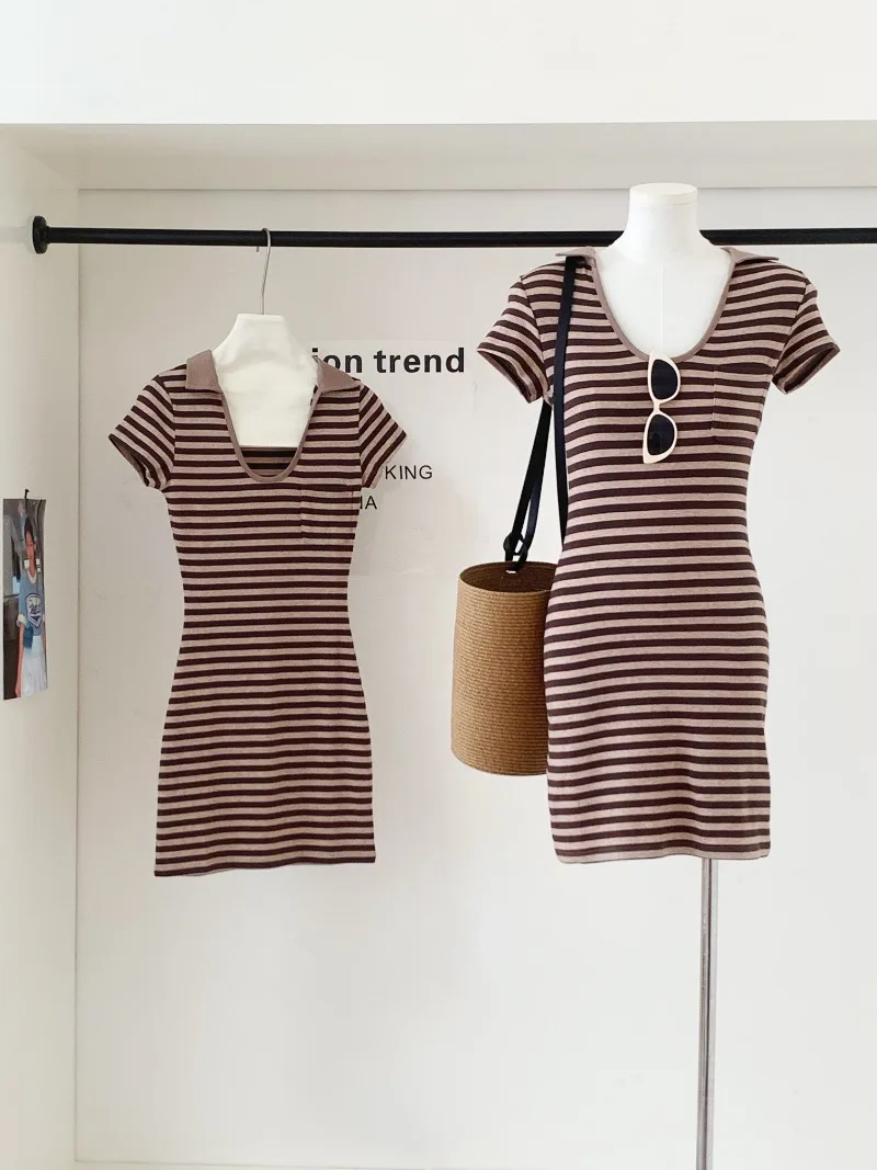 

Hot Girl U-neck Striped Dress for Women's Summer Casual Short-sleeved Slim Fit Hip Wrap Dress Fashion Female Clothes