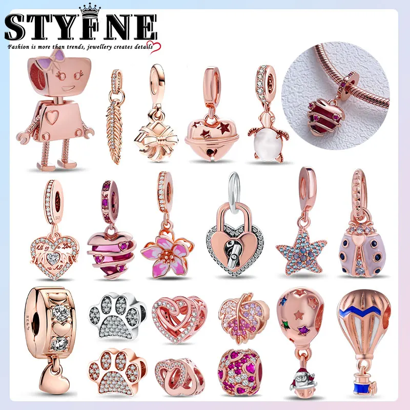 Real 925 Sterling Silver Rose Gold Pink Octopus Summer Turtle Heart Dangle Charm Fit Original Bracelet Necklaces Bracelet Girl